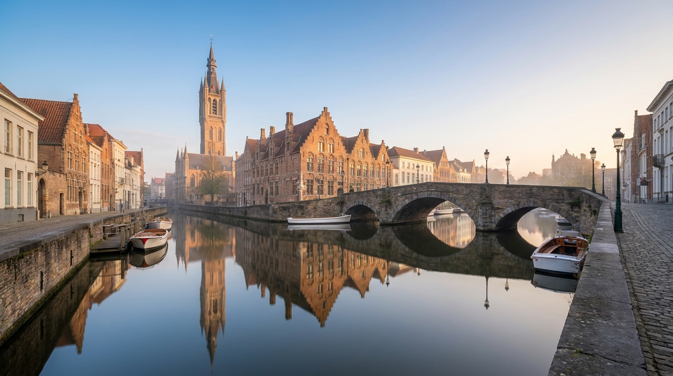 Bruges canal with stepped-gable houses and belfry tower
